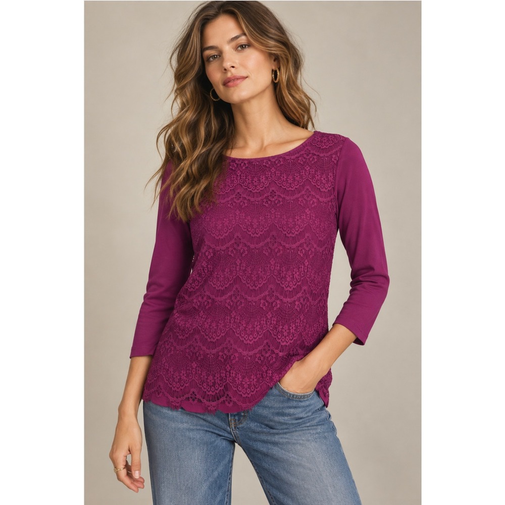 Garnet Hill Lace Front Top Size S Magenta Purple 3/4 Sleeve Boho Romantic Tee